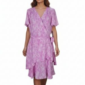 Tahari ASL Faux Wrap Dress Size 10 Pink Snake Print Layered Flutter Sleeves Belt